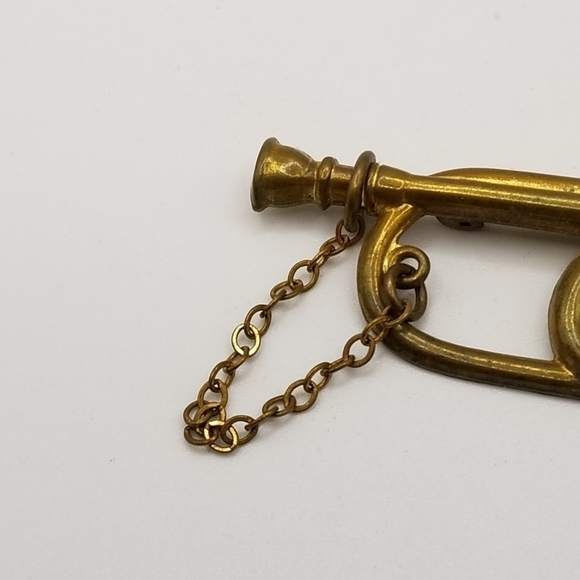 Vintage Antique Pin Brooch C Clasp Brass Bugle Musical Instrument Horn Lapel 3in - Picture 5 of 9